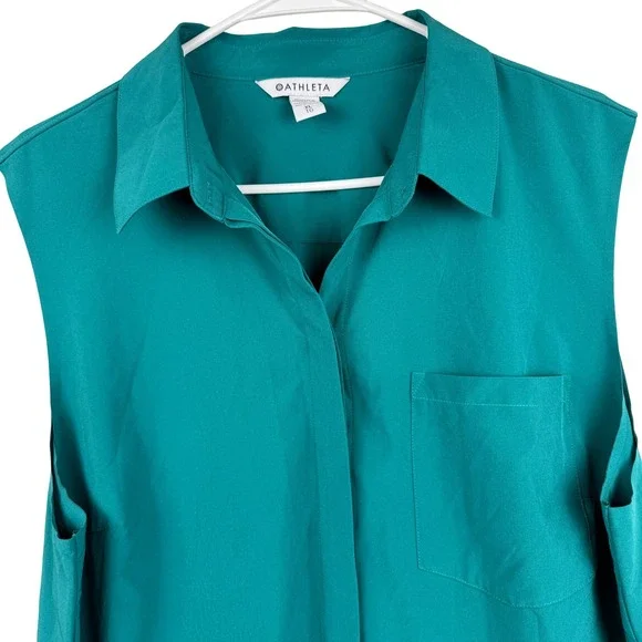 Athleta Green Sleeveless Button Down Collar Shirt Tank Top Blouse XL Extra Large - Picture 3 of 11